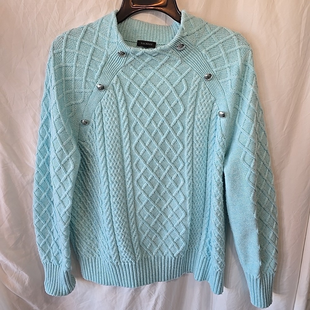 Talbots Women's Knit Argyle Stripe Button Accents‎ Teal Mock Neck Sweater Sz L